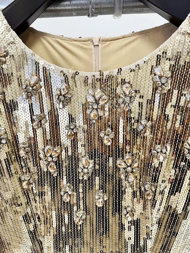 OUDINA Fast Shipping Fashion See through Beaded Hollow Mesh Long Dress Gown Elegant Luxury Evening Dresses