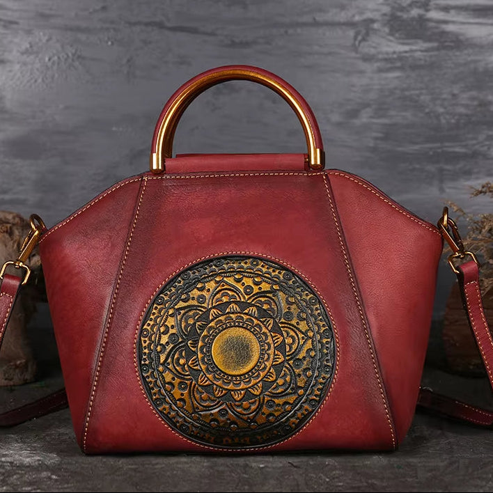 Westal Cowhide Leather Purses and Handbags Vintage Totem Satchel Bag Crossbody Genuine Leather Handbags Tote Bags for Women