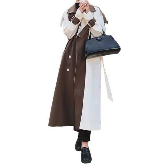 OUDINA Autumn Ladies Winter Coats Lapel Stitching Contrast Color Trench Long Coat for Women