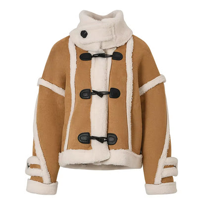 OUDINA Fashion Loose Lamb Plush Horn Buckle Thick Winter Coats Ladies Women Fur Coats