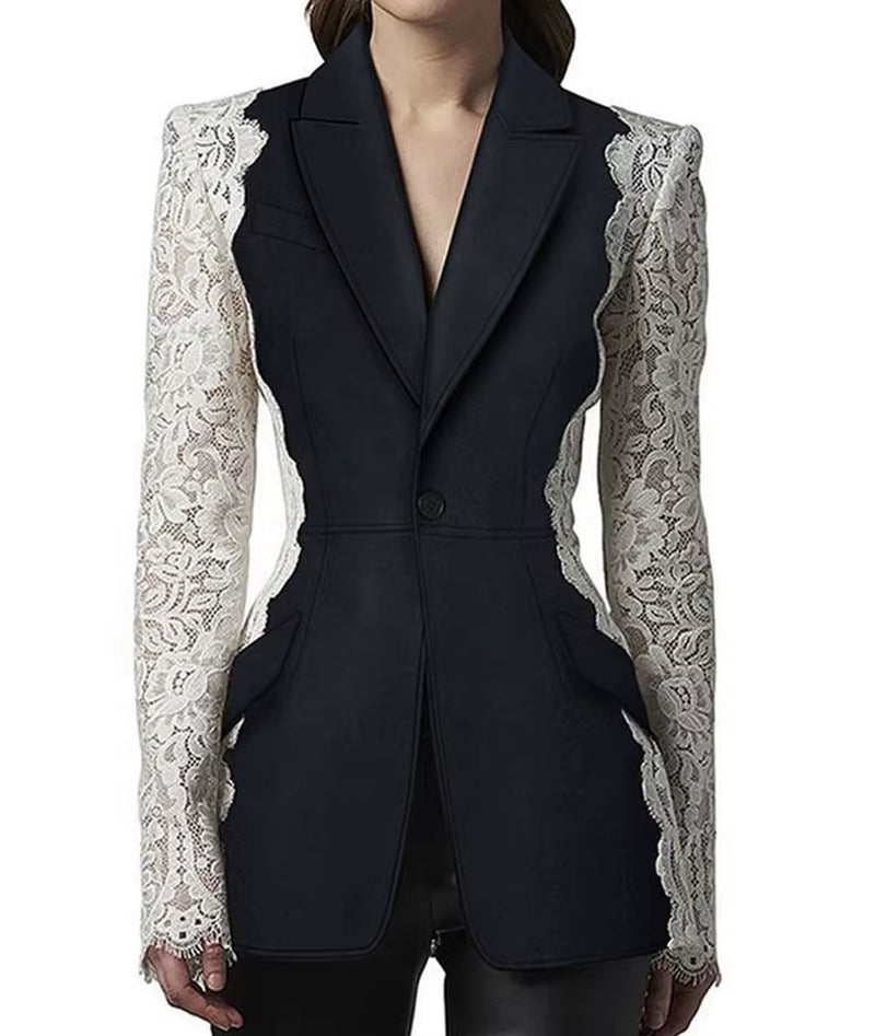 OUDINA Fashion Formal Lace Sleeve Splice Blazer Jacket Suit Elegant Blazer Casual Ladies Blazer