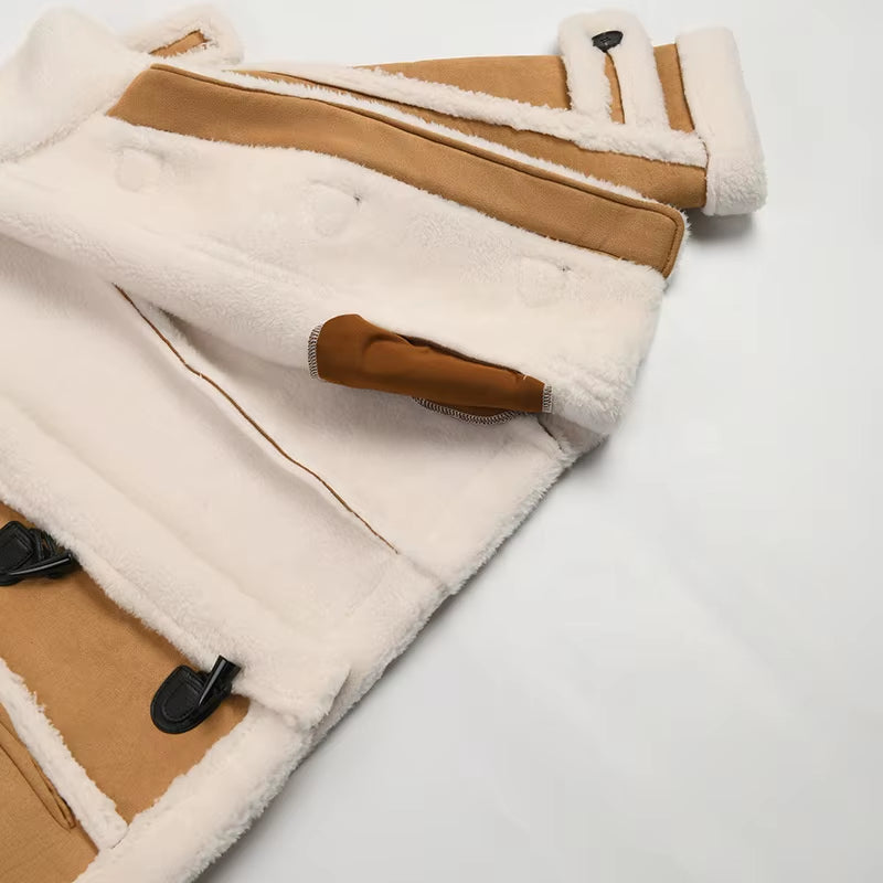 OUDINA Fashion Loose Lamb Plush Horn Buckle Thick Winter Coats Ladies Women Fur Coats