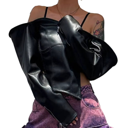 OUDINA New One-Word Collar Off-The-Shoulder Short Women'S Shirt PU Leather Top Women Shirts Blouses and Tops