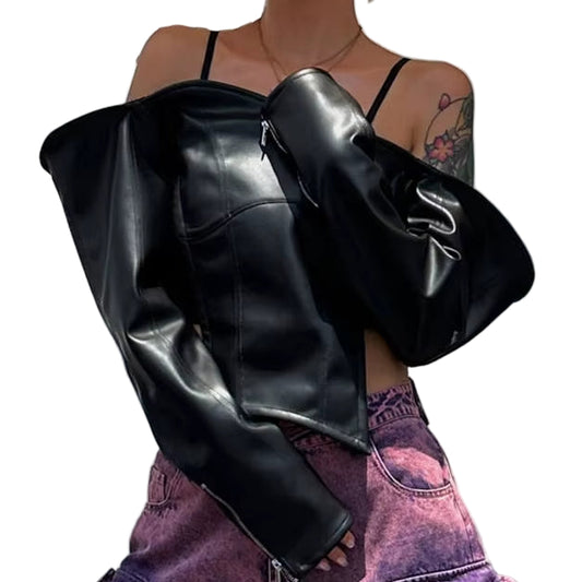 OUDINA New One-Word Collar Off-The-Shoulder Short Women'S Shirt PU Leather Top Women Shirts Blouses and Tops