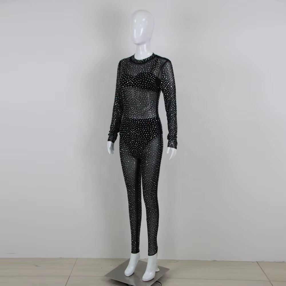 OUDINA Fashion Sexy Transparent Diamond Rhinestone Skinny Party Mesh Sequin Jumpsuit One Piece Women Jumpsuits