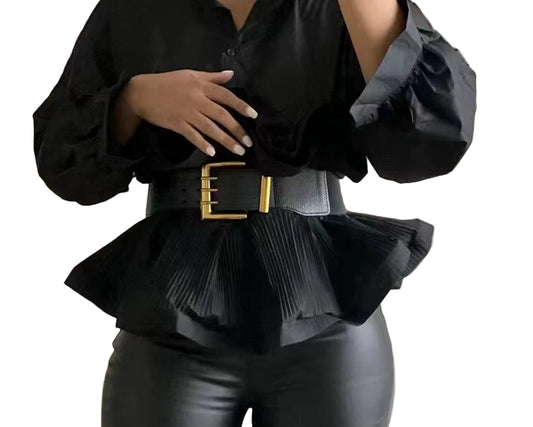 OUDINA Hot Sale Fashion Shirt for Ladies Casual Solid Color with Belt Ruffled Long Sleeve Women'S Blouse Shirts