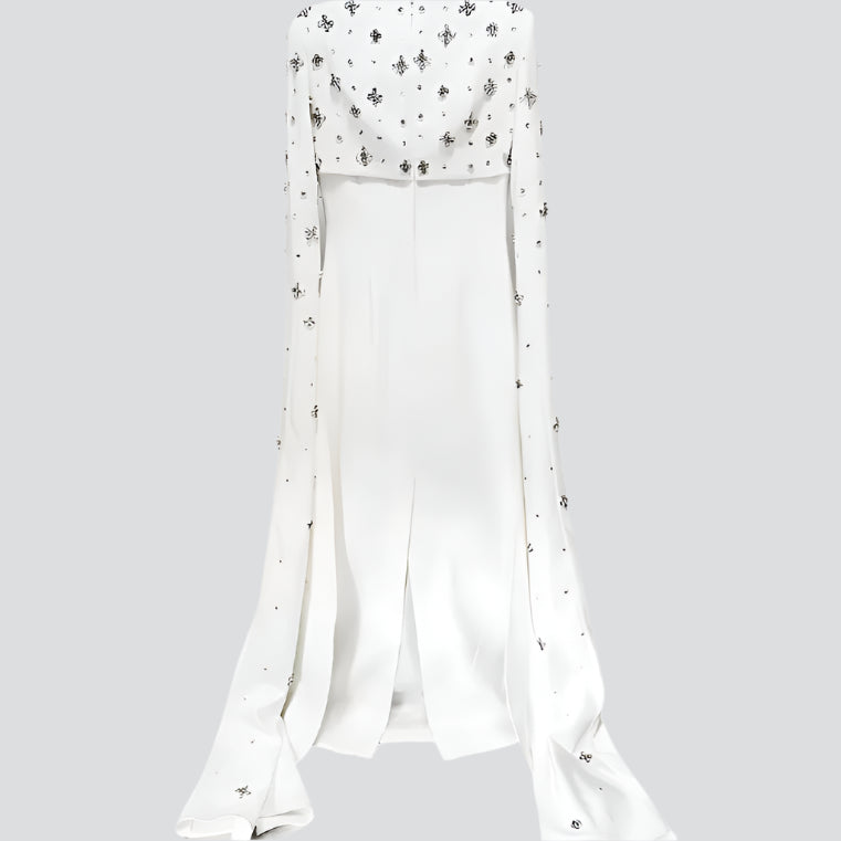Beaded Diamond Long Cape Sleeve Maxi Dress 