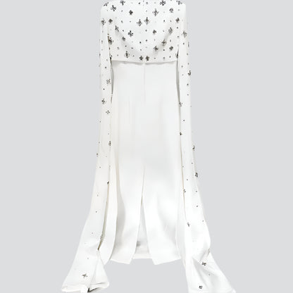 Beaded Diamond Long Cape Sleeve Maxi Dress 