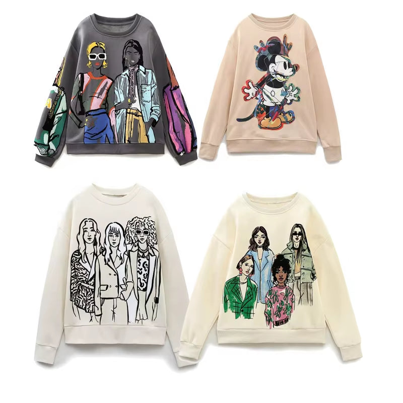 OUDINA Wholesale Casual Oversized Pattern Printed Crewneck Women'S Clothing Sweatshirt Women Sweatshirts