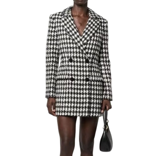 OUDINA High Fashion Long Sleeve Hollow Backless Houndstooth Women plus Size Jacket Blazer Office Formal Ladies Tweed Blazers