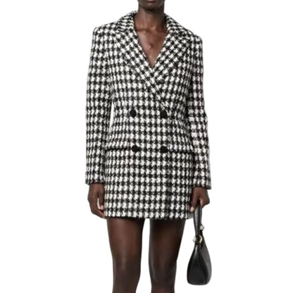 OUDINA High Fashion Long Sleeve Hollow Backless Houndstooth Women plus Size Jacket Blazer Office Formal Ladies Tweed Blazers
