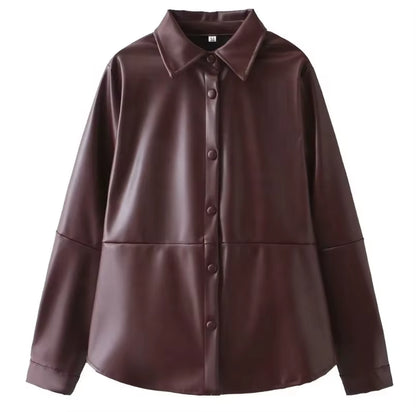 OUDINA Fashion Loose Solid PU Single-Breasted Blazer Mini Skirt Set Elegant Womens Two Piece Sets Casual Simple Women'S Sets