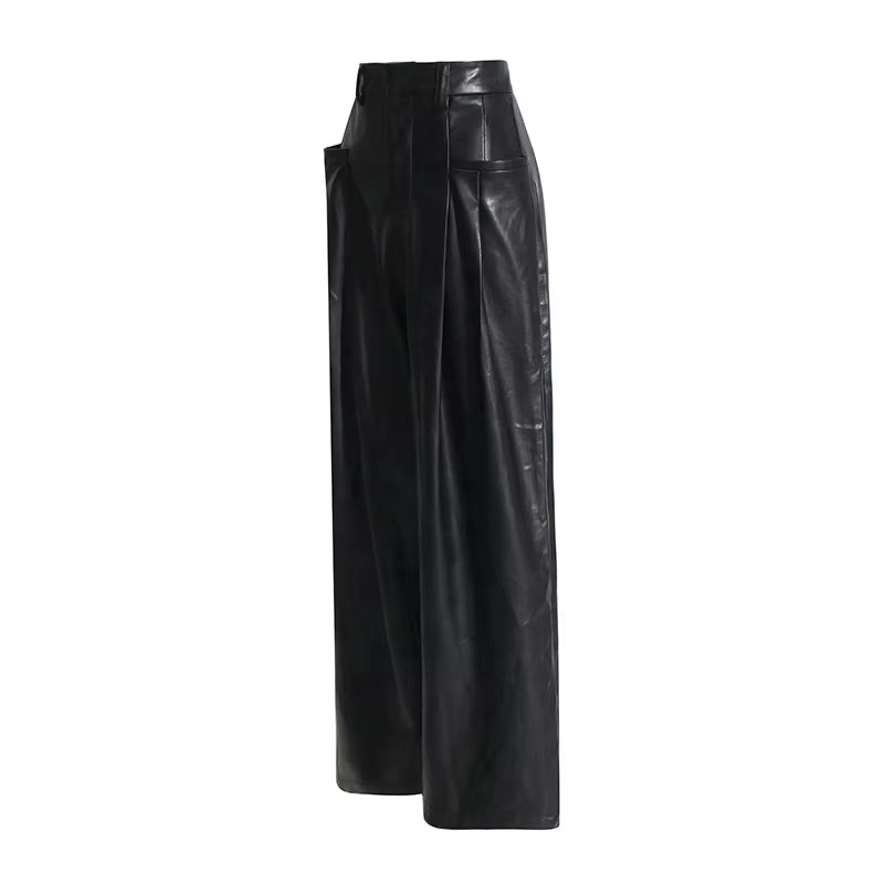 OUDINA Street Style High Waist Skinny Denim Casual Trousers Black PU Leather Pant Women'S Leather Pants