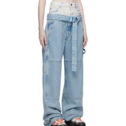 OUDINA Street Style Patchwork Washed Jeans Double Waist Color Contrast Belt Women'S Pants