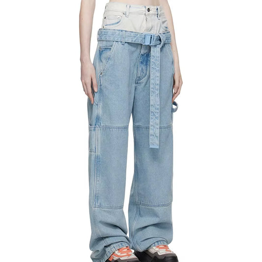 OUDINA Street Style Patchwork Washed Jeans Double Waist Color Contrast Belt Women'S Pants