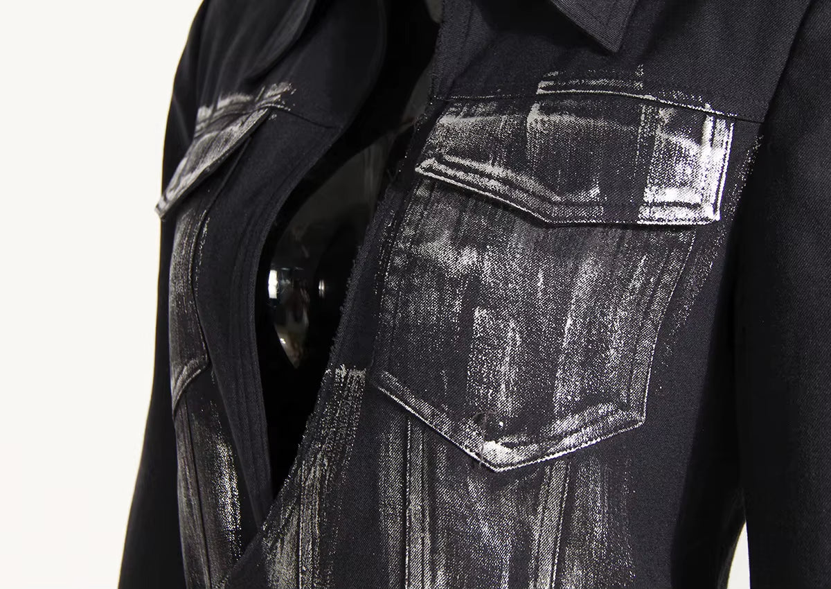 OUDINA Stylish Silver Brush Color Rock Maxi Windbreaker Blazers Ladies Trench Coat Women Long Jacket