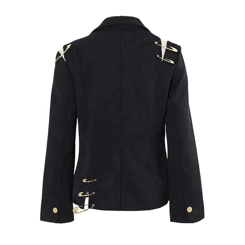 OUDINA New Style Black Blazers Damas Mujeres 2024 Shoulder Mesh Patchwork Pin Decoration Blazer for Woman