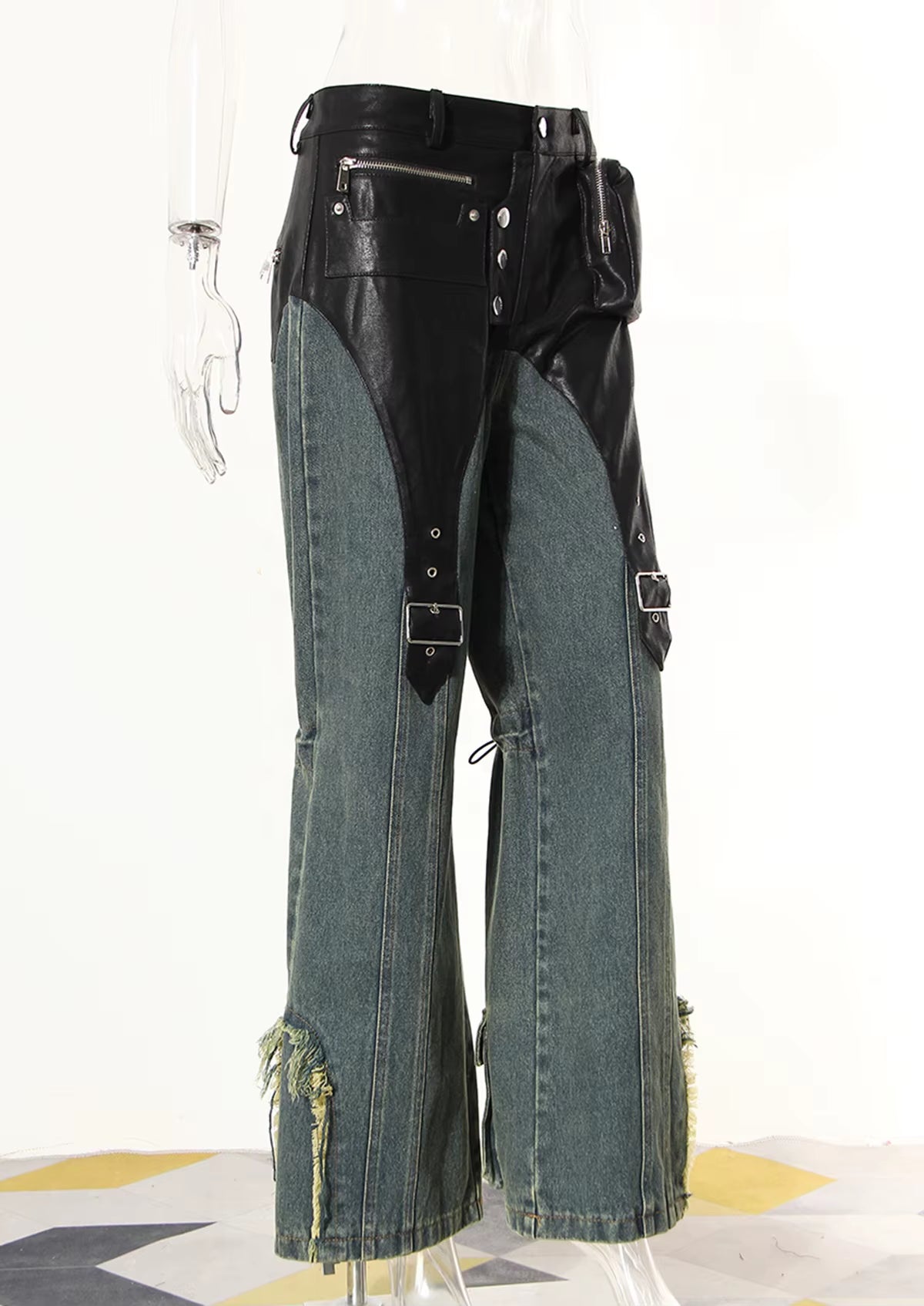 Motorcycle Vintage PU Leather Baggy  Denim Trousers  
