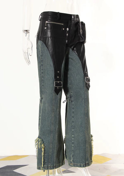 Motorcycle Vintage PU Leather Baggy  Denim Trousers  