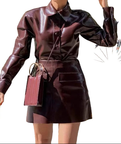 OUDINA Fashion Loose Solid PU Single-Breasted Blazer Mini Skirt Set Elegant Womens Two Piece Sets Casual Simple Women'S Sets