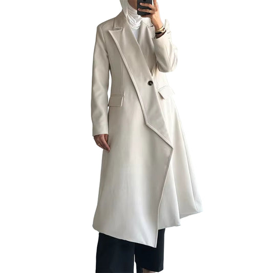OUDINA Fashion Temperament Asymmetric One-Button Solid Splicing Elegant Ladies Coat Casual Trench Coat Simple Women Long Coat