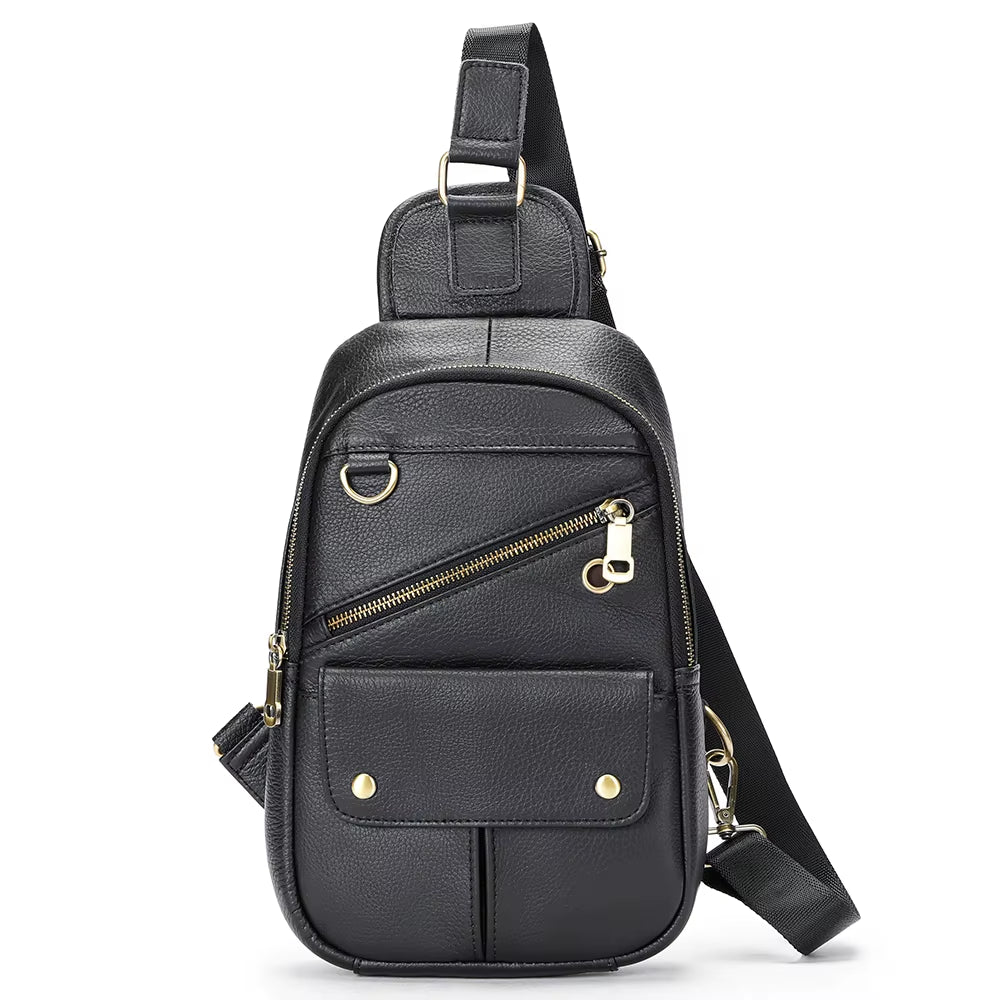 MARRANT Travel Hiking Leather Sling Bag Men Crossbody Shoulder Chest Daypack Genuine Leather Crossbody Bag Chest Bags for Men