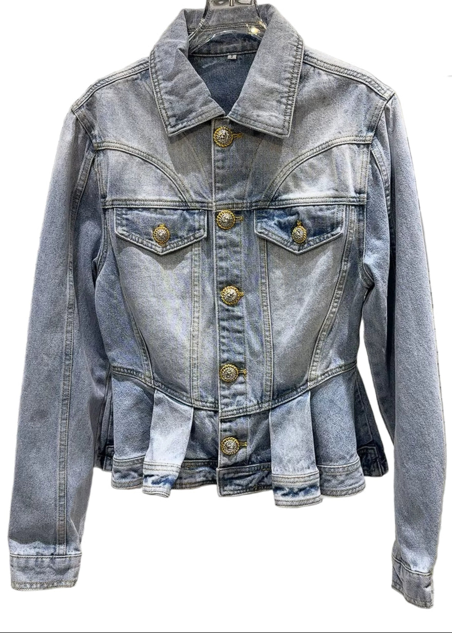 OUDINA New Fashion Temperament Lapel Button Wash Denim Short Cropped Jacket Women Denim Jackets