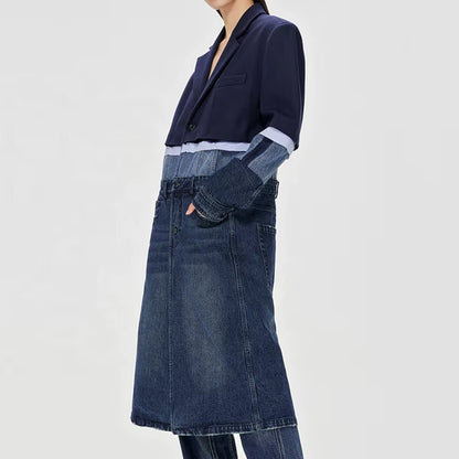 OUDINA Custom Niche Wool Patchwork Denim Windbreaker Jacket New Design Contrasting Color Winter Coat