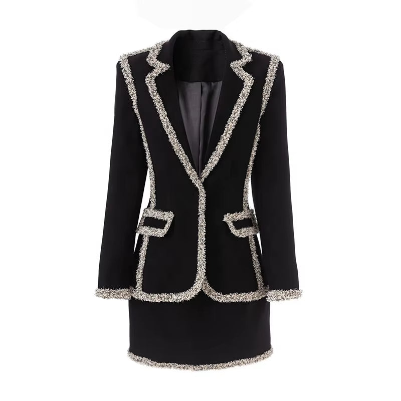 OUDINA High End New Winter Casual Elegant Sequin Blazer Women Office Two Piece Ladies Skirt Suits