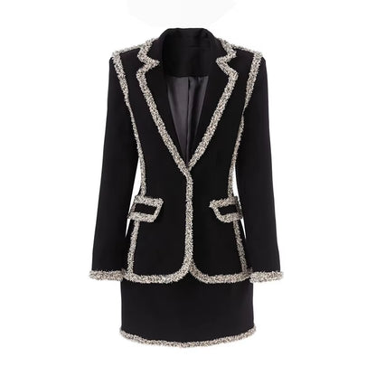 OUDINA High End New Winter Casual Elegant Sequin Blazer Women Office Two Piece Ladies Skirt Suits