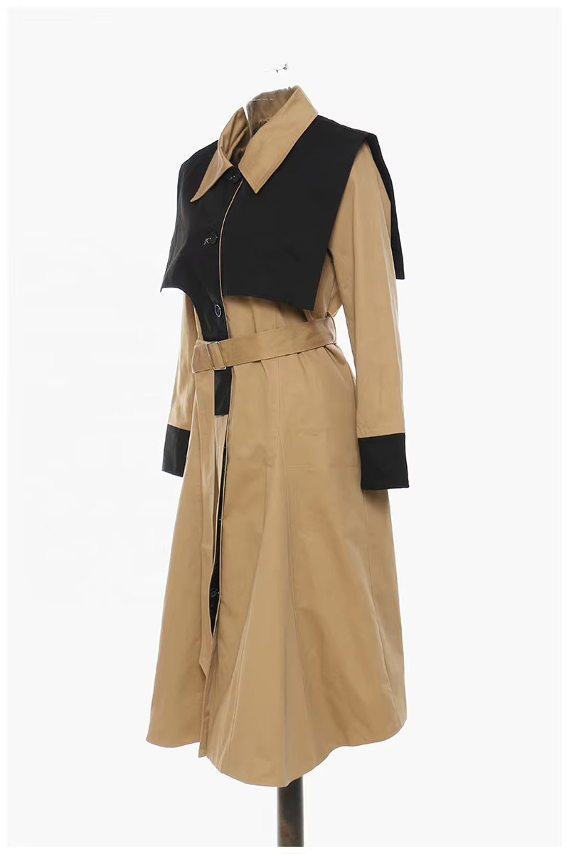 OUDINA New Arrivals Shawl-Style Irregular Contrast Color Winter Long Coat Tan Windbreaker Jacket for Ladies Women Trench Coats