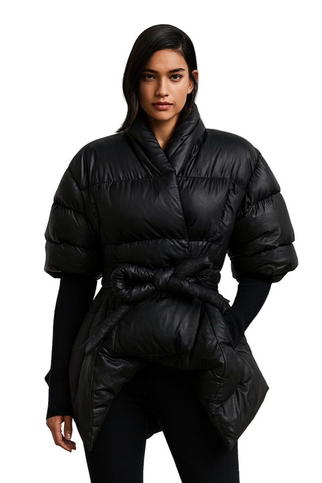 Black Belted Puffer Jacket with Knit Sleeves