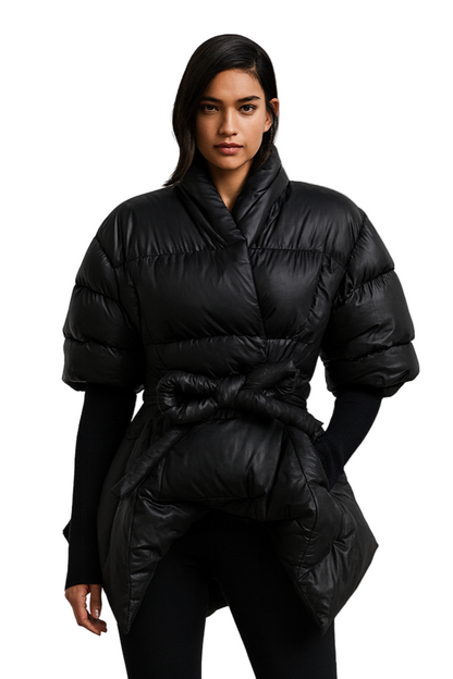 Black Belted Puffer Jacket with Knit Sleeves