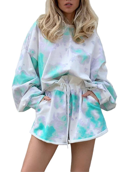 OUDINA New Tie-Dye Loose Sweatshirt and Shorts Set Winter Gigh-Waisted Lace-Up Vacation Style Outfits for Women