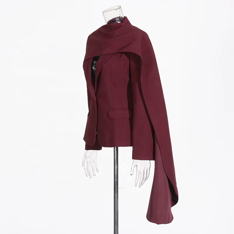 OUDINA Fashion Splicing Shawl Solid Elegant Blazers Jacket Red Ladies Blazer Simple Women'S Suits Blazers