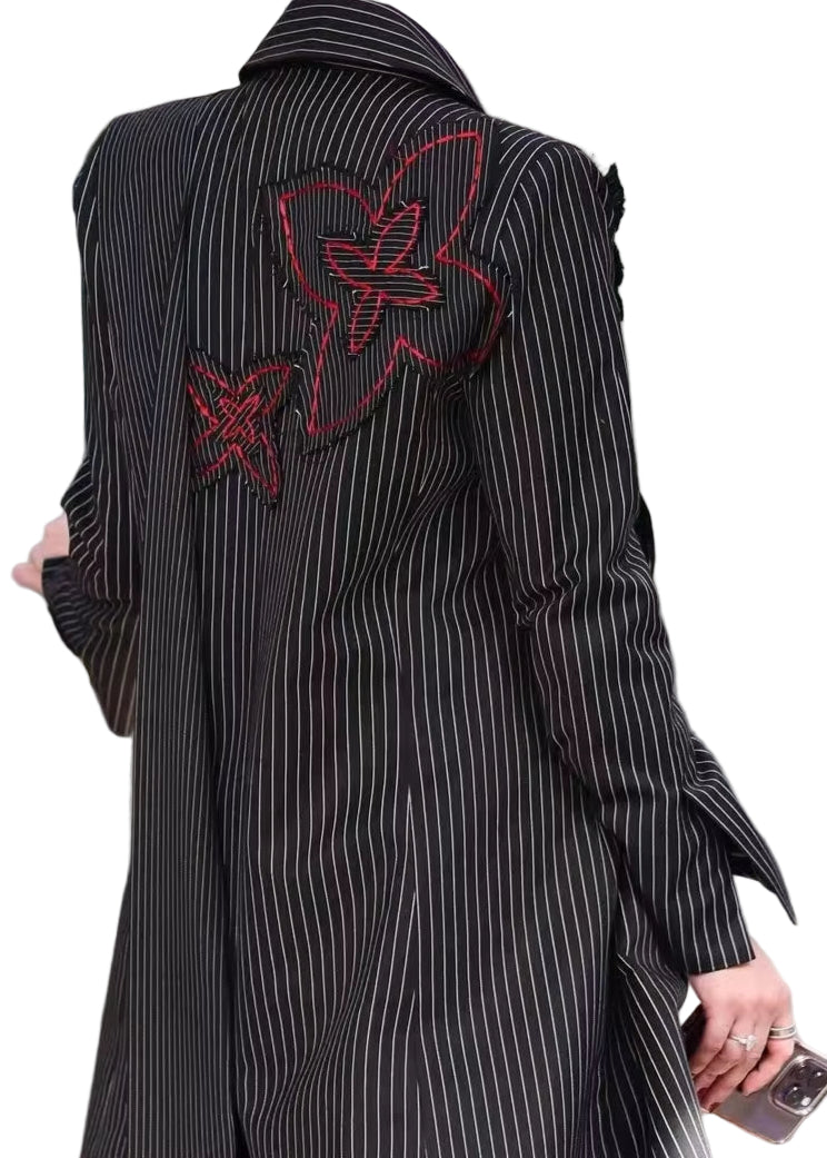 OUDINA Fashion Winter Long Stripes Embroidery Flower Splicing Trench Coat Casual Women Trench Elegant Woman'S Coats