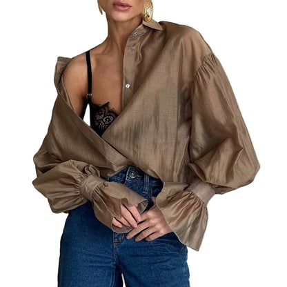 OUDINA Trendy Sexy Long Sleeve Shirt New Style Backless Lace-Up Slimming Solid Color Blouses for Women