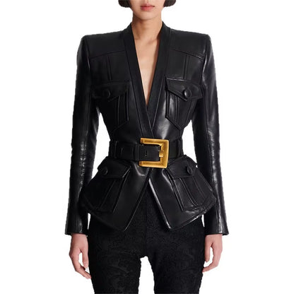 OUDINA New European Fashion Elegant Belt Slim plus Size Pu Jackets Coat Motorcycle Women'S Leather Jacket