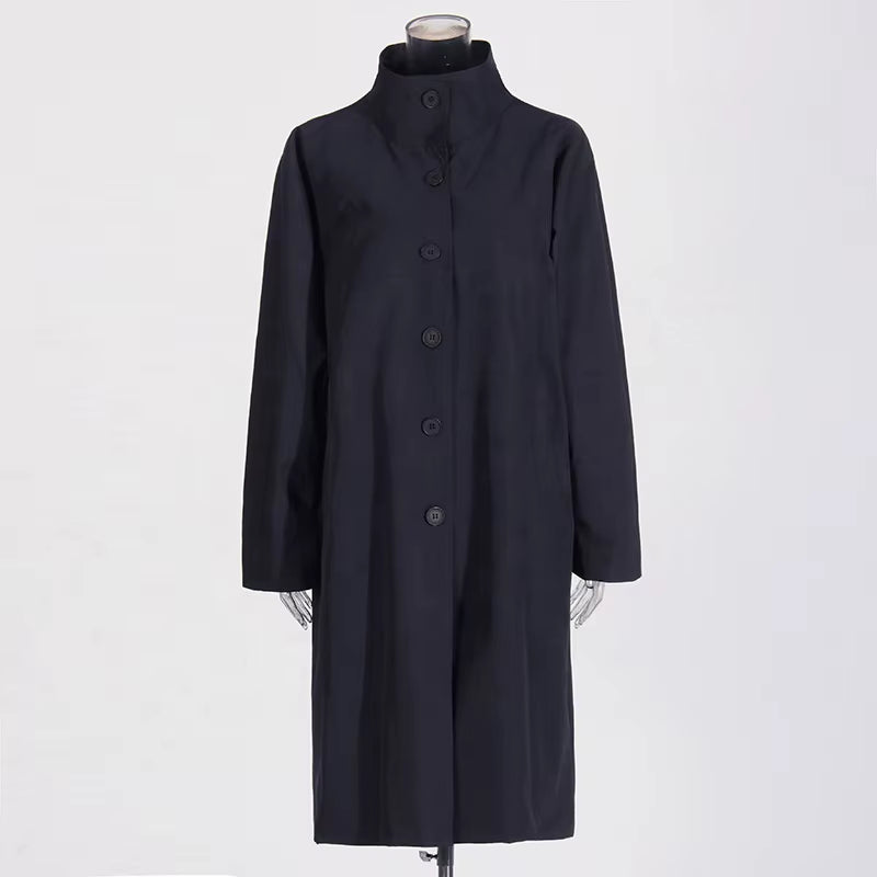 OUDINA Fashion Elegant Stand Single-Breasted Loose Ladies Coat Solid Long Trench Coats Simple Women'S Coats
