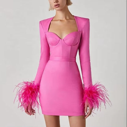 OUDINA New Fashion Long Sleeve Ostrich Feather Evening Party Wear Dresses Women Bandage Dress