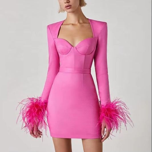 OUDINA New Fashion Long Sleeve Ostrich Feather Evening Party Wear Dresses Women Bandage Dress