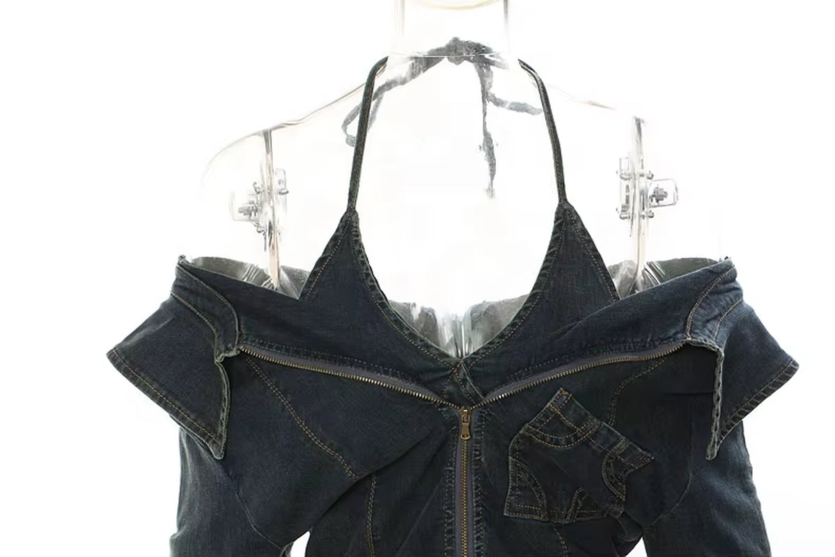 OUDINA High Elastic Multiple Ways to Wear Casual Crop Top Jean Jacket Denim Tops for Women