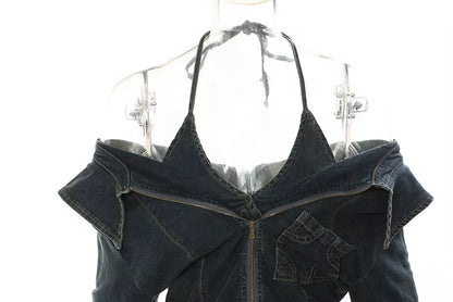 OUDINA High Elastic Multiple Ways to Wear Casual Crop Top Jean Jacket Denim Tops for Women