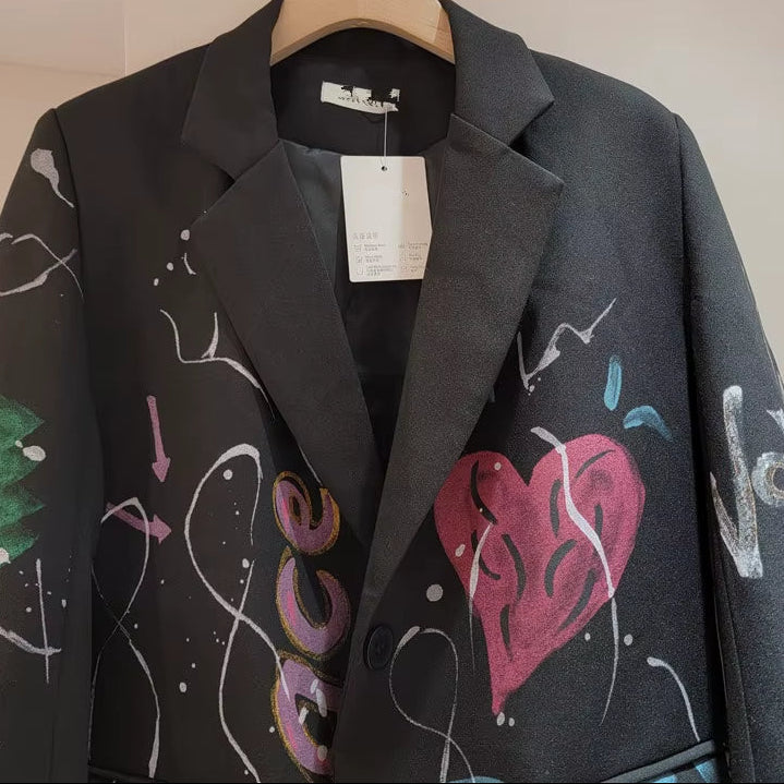 OUDINA New Chic Stylish Fall Winter Graffiti Print Personality Loose Casual Ladies Blazers Women Blazer Jacket