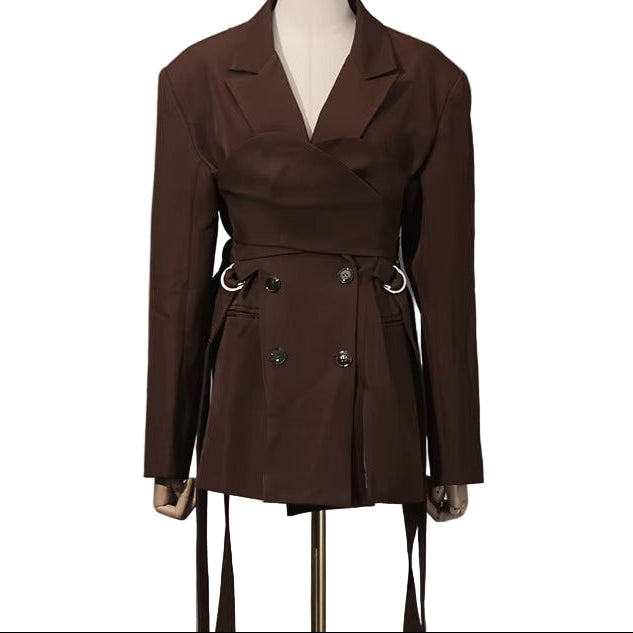 OUDINA New Style Casual Elegant Commuter Cross Belt Irregular Collage Solid Color Blazer Ladies Blazers Jackets