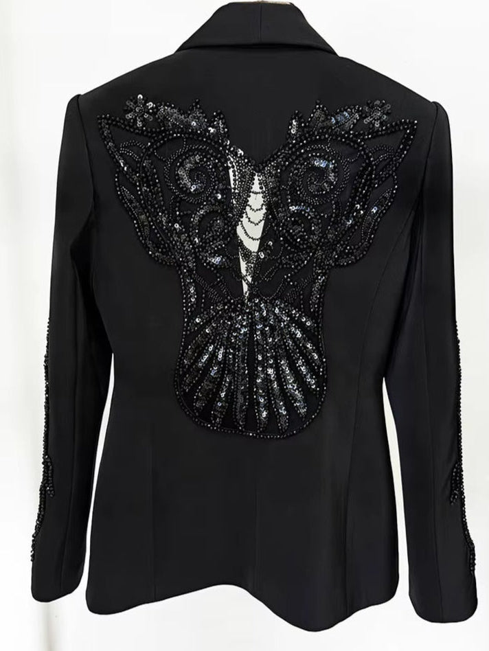 OUDINA Factory Spot Elegant Mesh Splicing Beaded Suit Jacket Chiffon Trousers Pants Blazer Two Piece Business Women'S Suit Pants