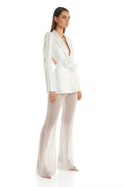 OUDINA Fashionable Hollow Rhinestones Tight Trousers Two Piece Blazer Suits Formal Set for Women