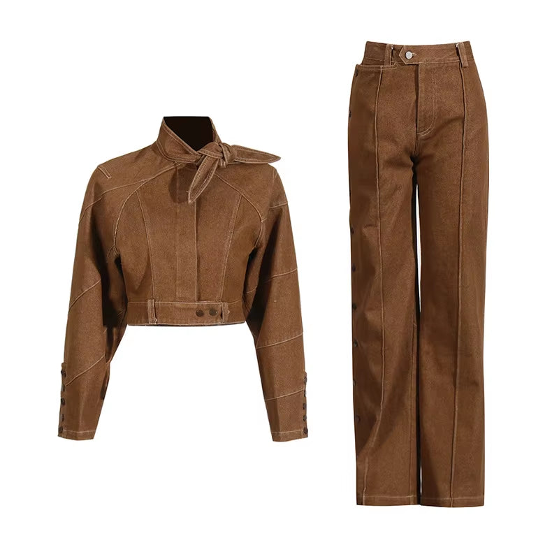 OUDINA Fashion Splice Solid Women'S Straight High Waist Pants Short Jacket Set Casual Women 2 Piece Sets Simple Sets for Women