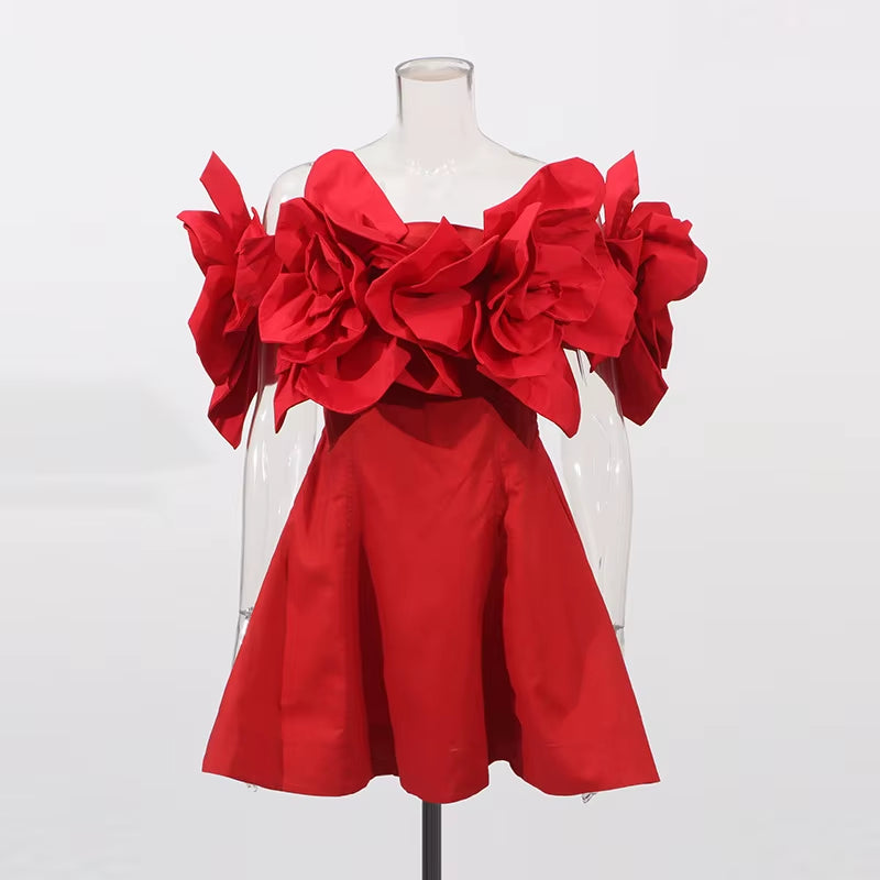 Factory Wholesale Three Dimensional Big Flower Splicing off Shoulder Solid Color Waist Short 2025 Prom Dresses Evening Dress