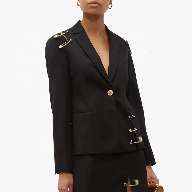 OUDINA New Style Black Blazers Damas Mujeres 2024 Shoulder Mesh Patchwork Pin Decoration Blazer for Woman